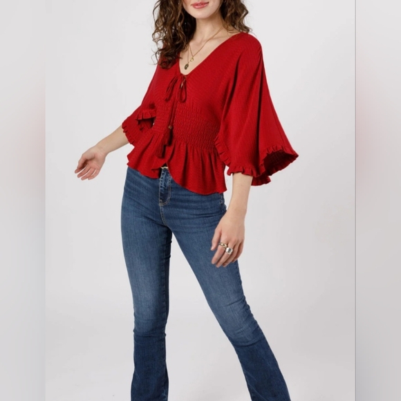 NWT Band of the Free Size Large Red Kacey Split Sleeve Peplum Blouse Bohemian - Picture 9 of 16